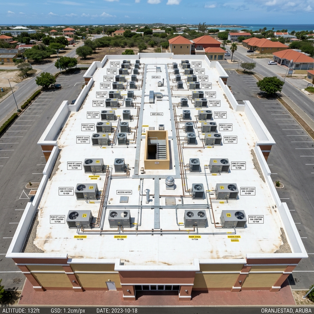 Drone aerial inspection photograph of a commercial rooftop in Aruba for a property asset integrity audit