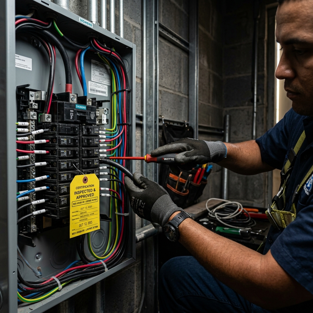 Licensed electrician installing a DTI-certified electrical distribution panel in an Aruba property