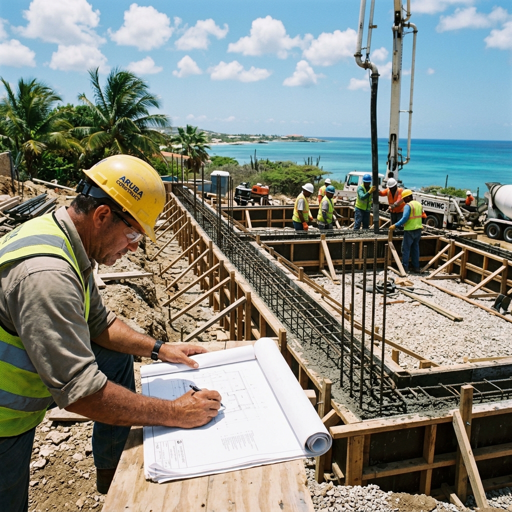 Foundation construction on an Aruba residential property with DTI-certified ring beam documentation