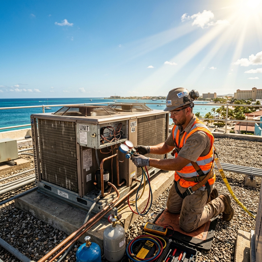 Professional contractor performing bi-annual HVAC salt-neutralizing maintenance on a rooftop unit in Aruba
