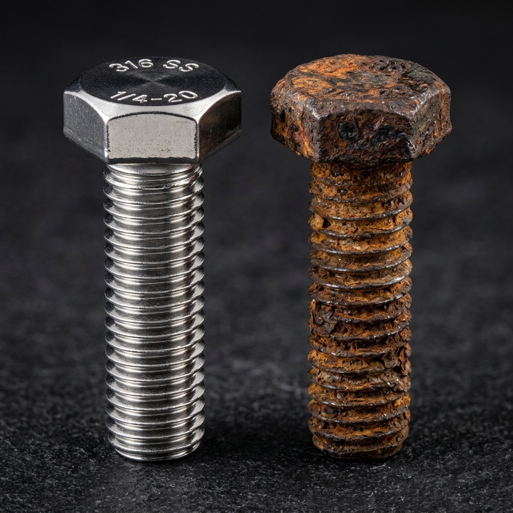 Side-by-side comparison of pristine 316-grade marine stainless steel versus heavily corroded standard steel after Aruba salt-air exposure