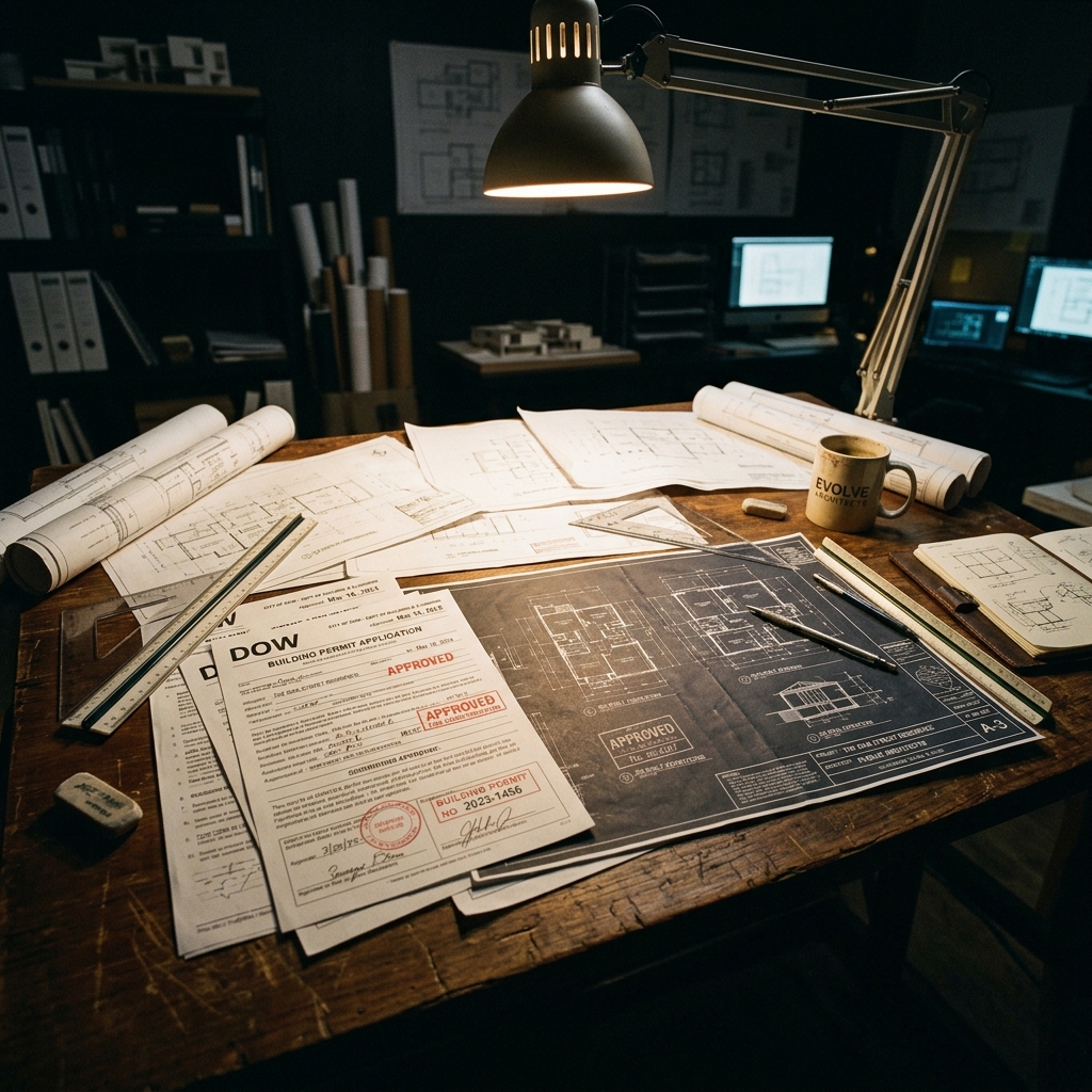 DOW building permit specification drawings with approval stamps on a drafting table