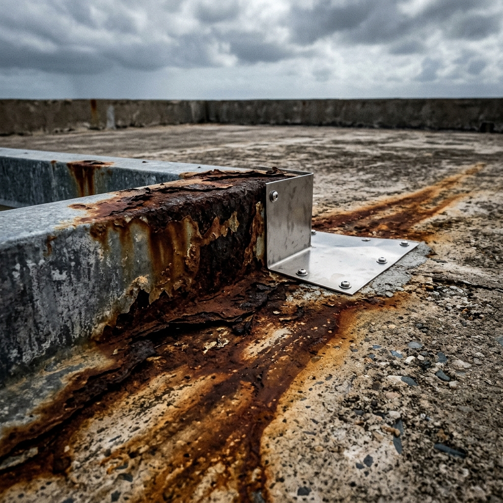Drone inspection of a flat concrete villa roof in Aruba showing salt-air corrosion on standard flashing beside a freshly installed marine-grade stainless steel drip edge