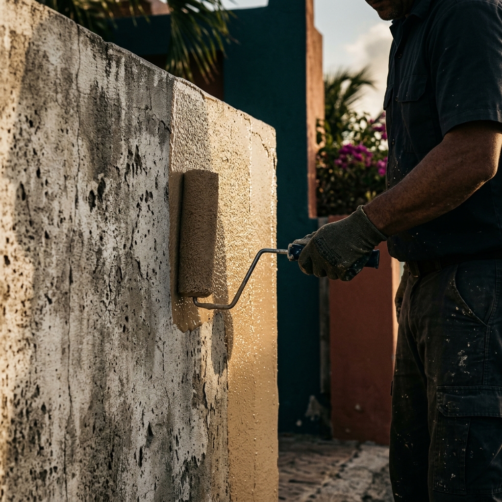 Professional application of UV-resistant high-build exterior coating on an Aruba property facade